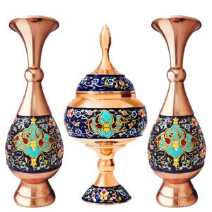 ست 3 تکه گلدان و شکلات خوری نگارستان نیلی مدل مس و پرداز کد gold2830