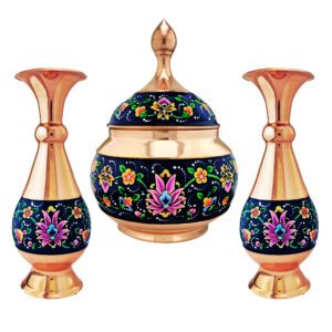 ست 3 تکه گلدان و شکلات خوری مس و پرداز کد 1716