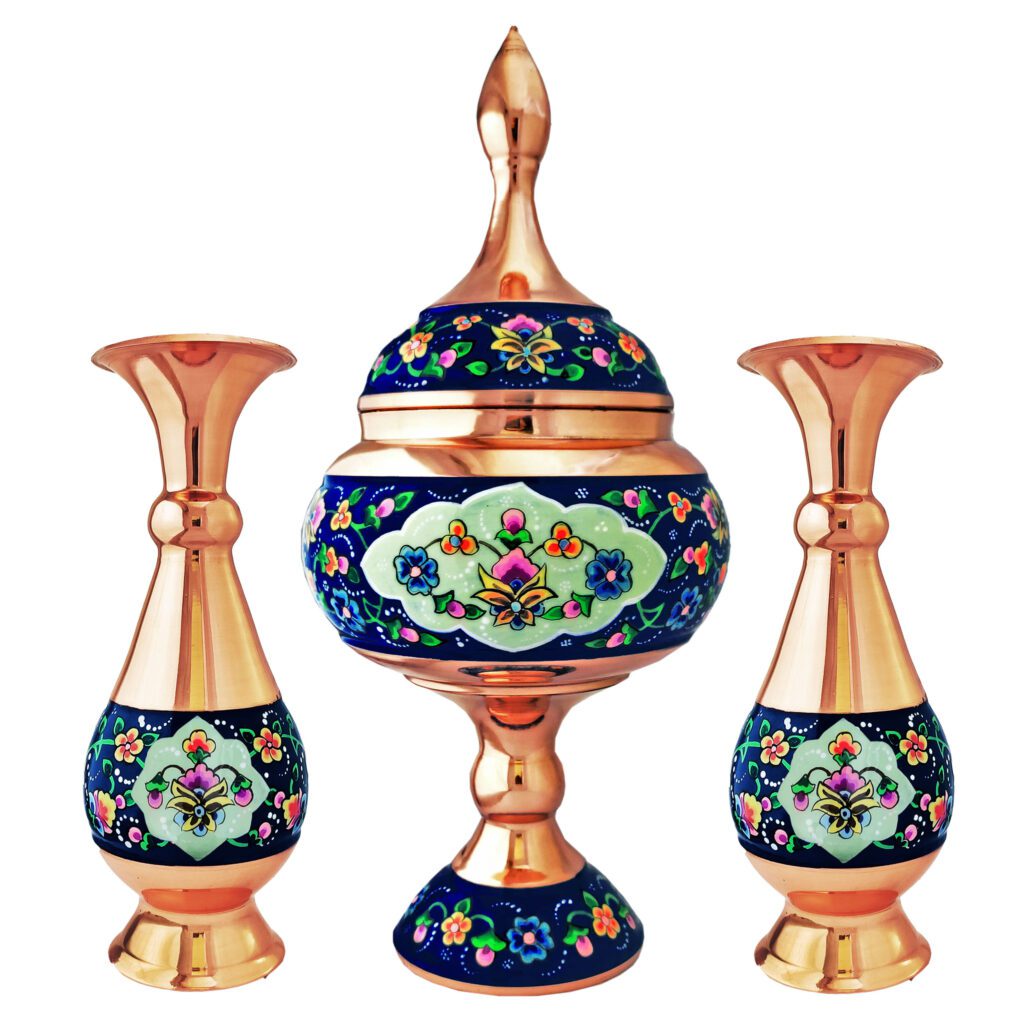 ست 3 تکه گلدان و شکلات خوری مس و پرداز کد 1623-toranj
