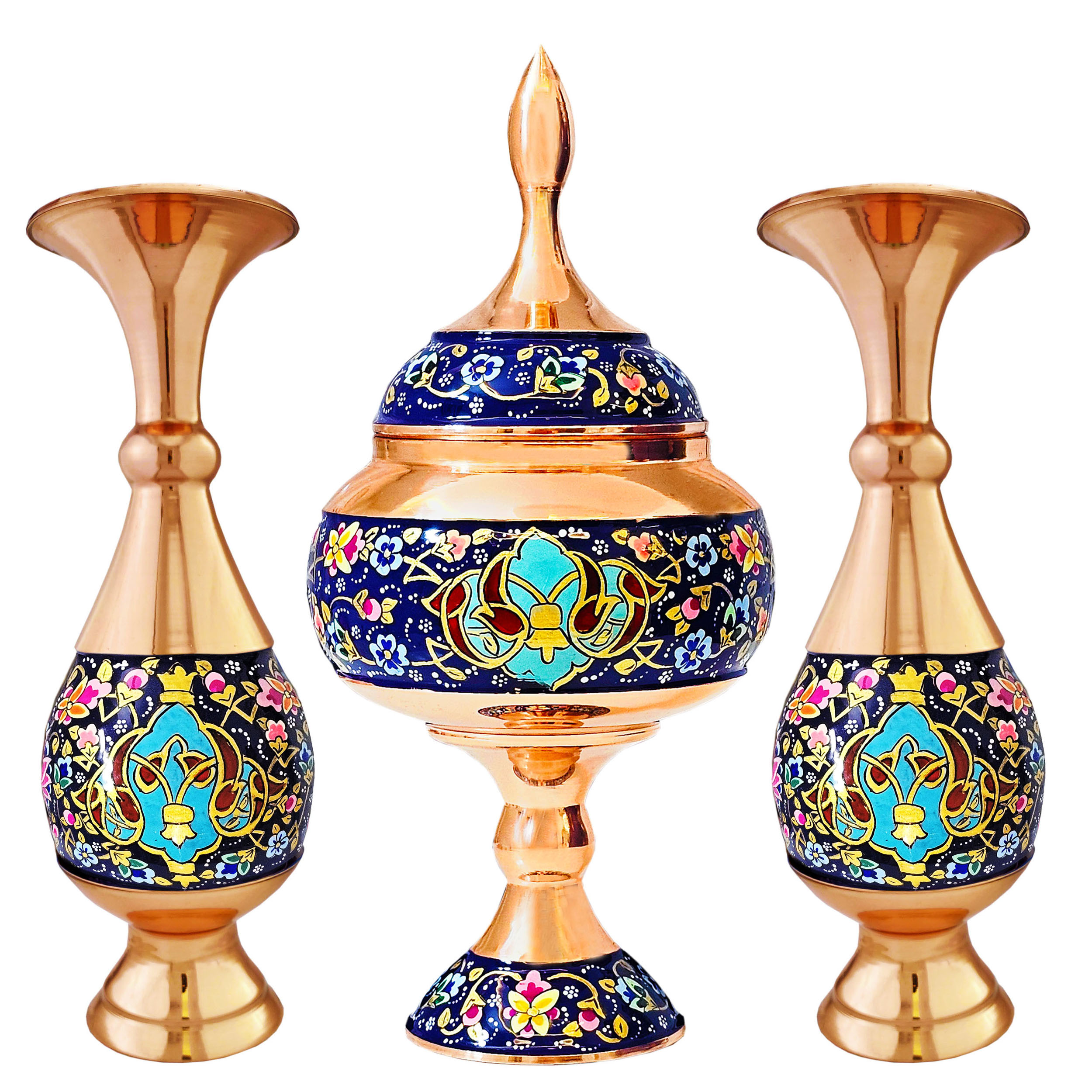 ست 3 تکه گلدان و شکلات خوری مس و پرداز کد 2023gold