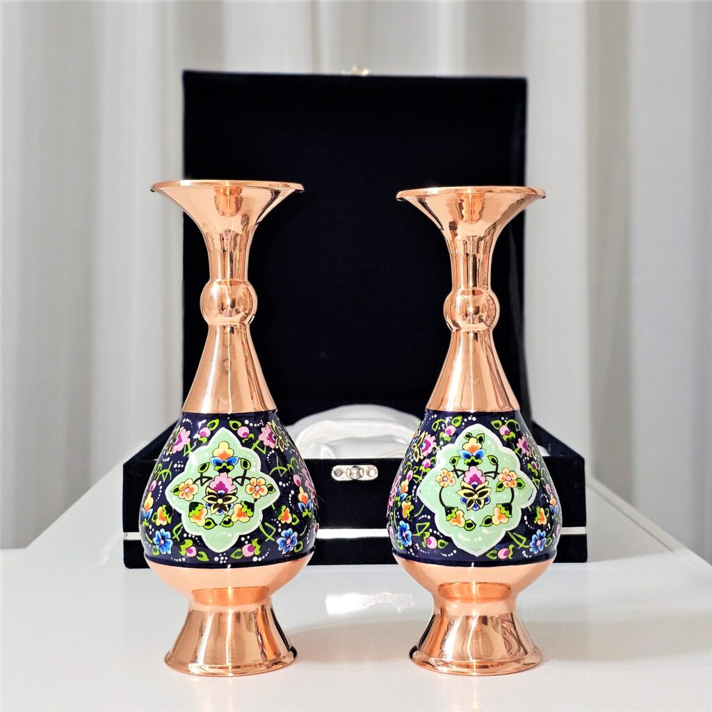 گلدان مس و پرداز ارتفاع 20 مجموعه دو عددی به همراه جعبه فانتزی