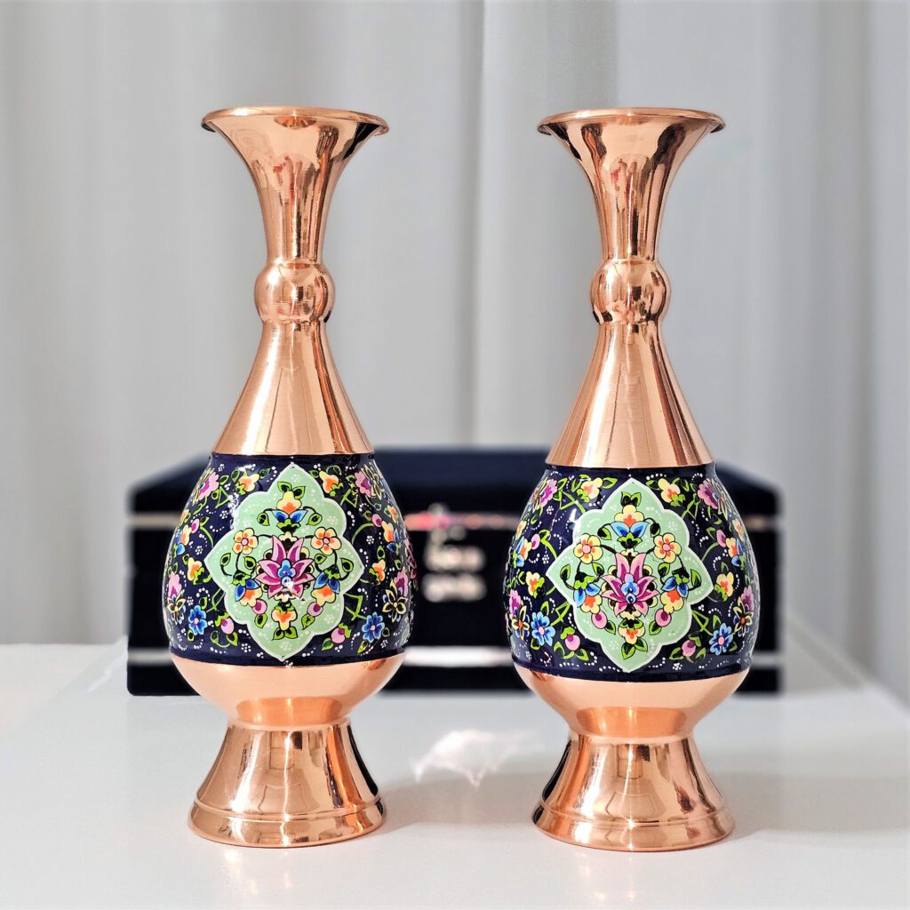 گلدان مس و پرداز ارتفاع 25 مجموعه دو عددی به همراه جعبه فانتزی