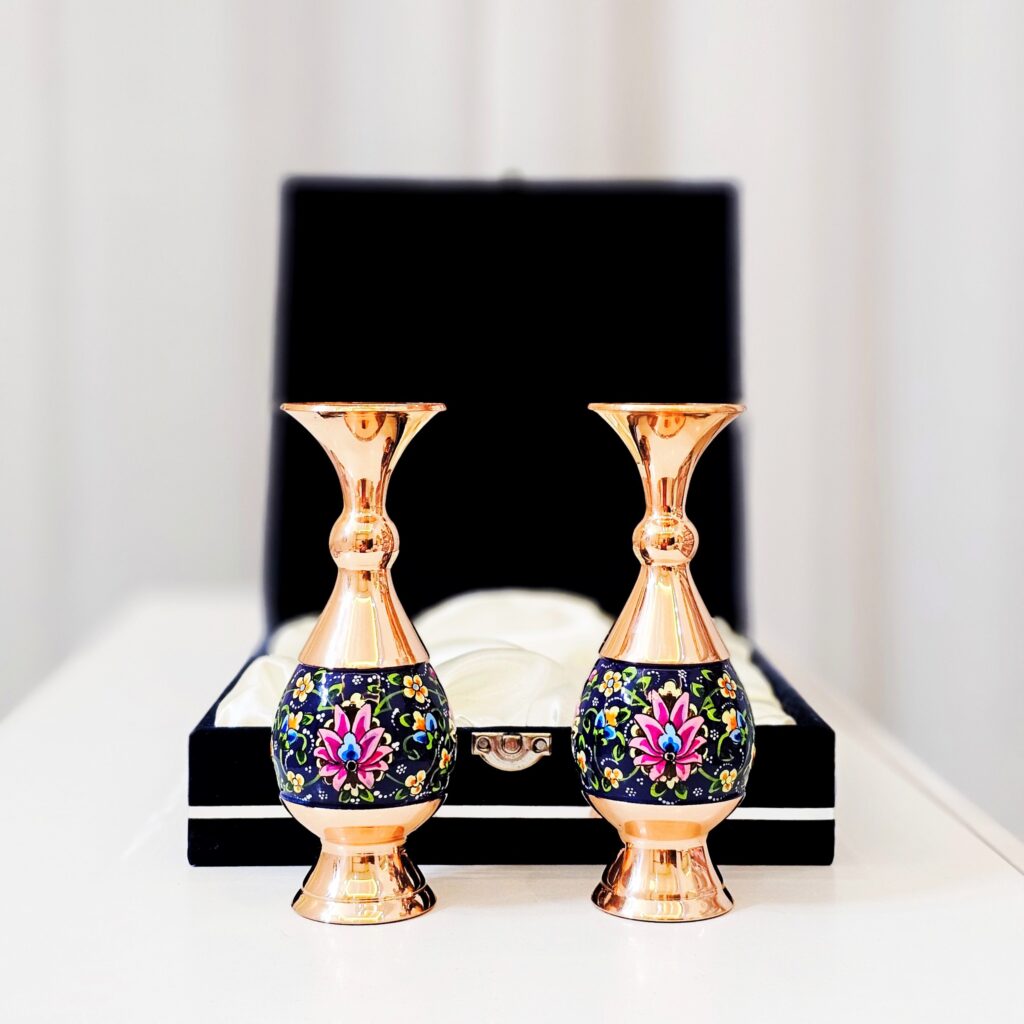 گلدان مس و پرداز ارتفاع 16 مجموعه دو عددی به همراه جعبه فانتزی